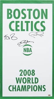 Paul Pierce, Kevin Garnett and Ray Allen Multi-Signed Boston Celtics 2008 Champions Banner On Wood-Backed Canvas (Steiner)
